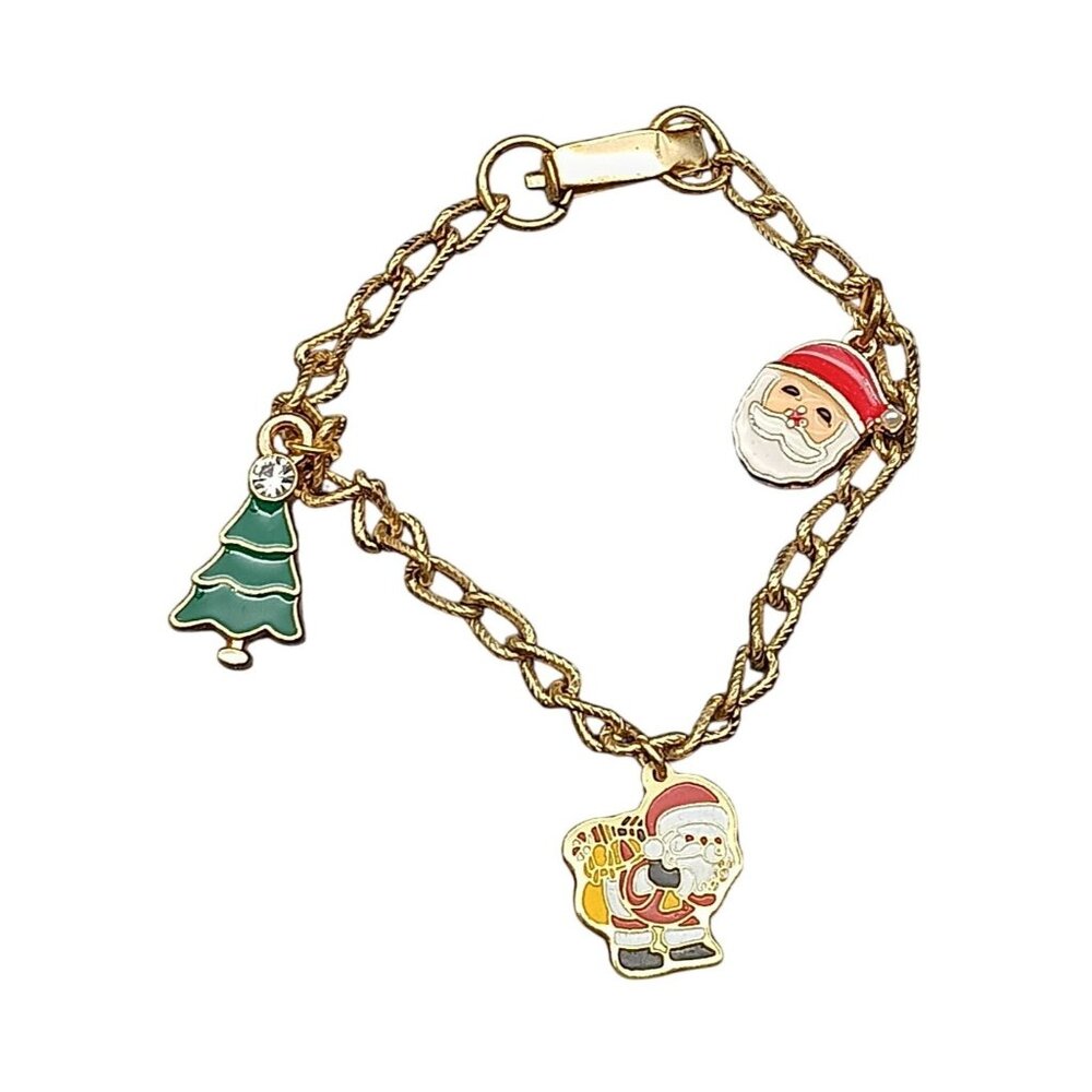 Vintage Christmas Charm Bracelet, Gold Tone Links Starter Bangle with 3 Enamel